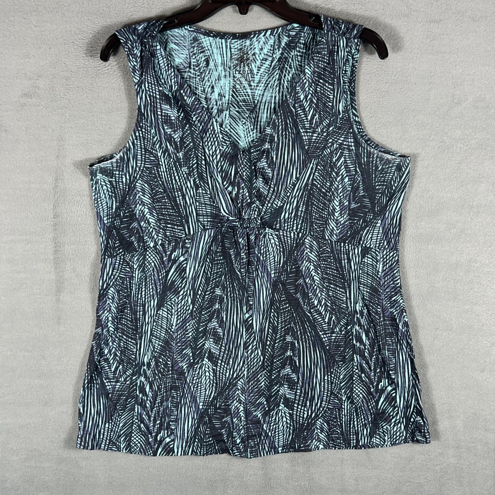 IZOD Womens Tank Top Large Blue Black Abstract Palm Print Sleeveless Knot Front